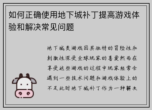 如何正确使用地下城补丁提高游戏体验和解决常见问题